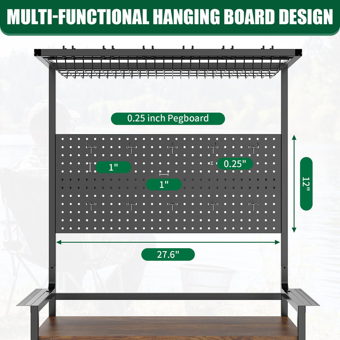 Fishing Rod Storage Rack With Pegboard, Rolling Tackle Organizer Cart - Black