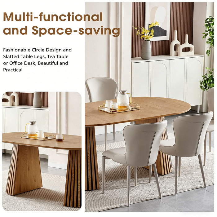 Dining Table, Flexible Extendable Oval Design With Slatted Legs - Natural Wood