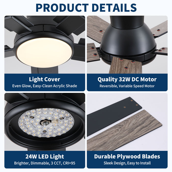Low Profile Flush Mount Intergrated LED Ceiling Fan With Light And Reversible Quiet Motor