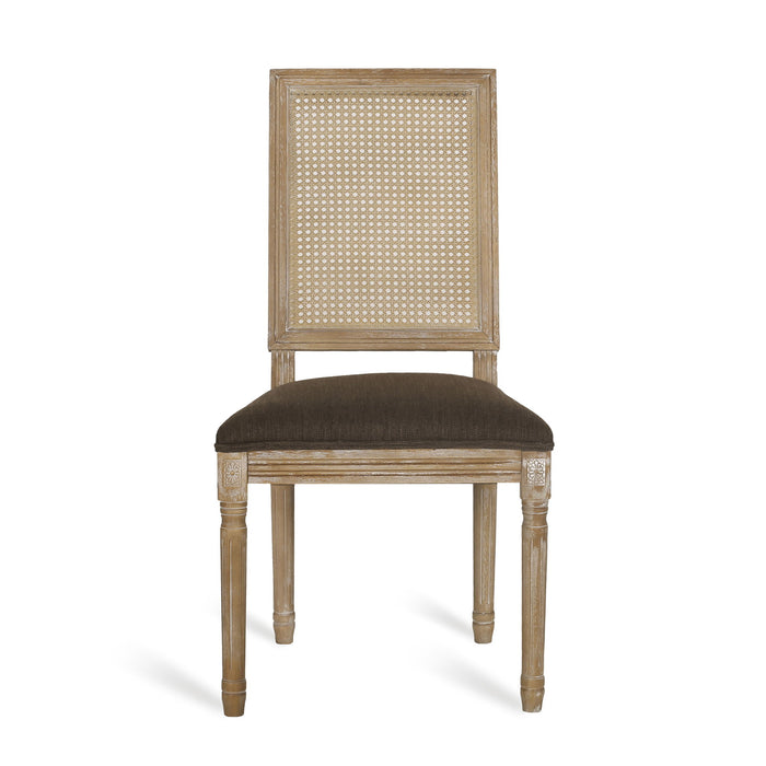 French Country Dining Chair With Rectangular Cane Backrest And Smooth Upholstered Seating