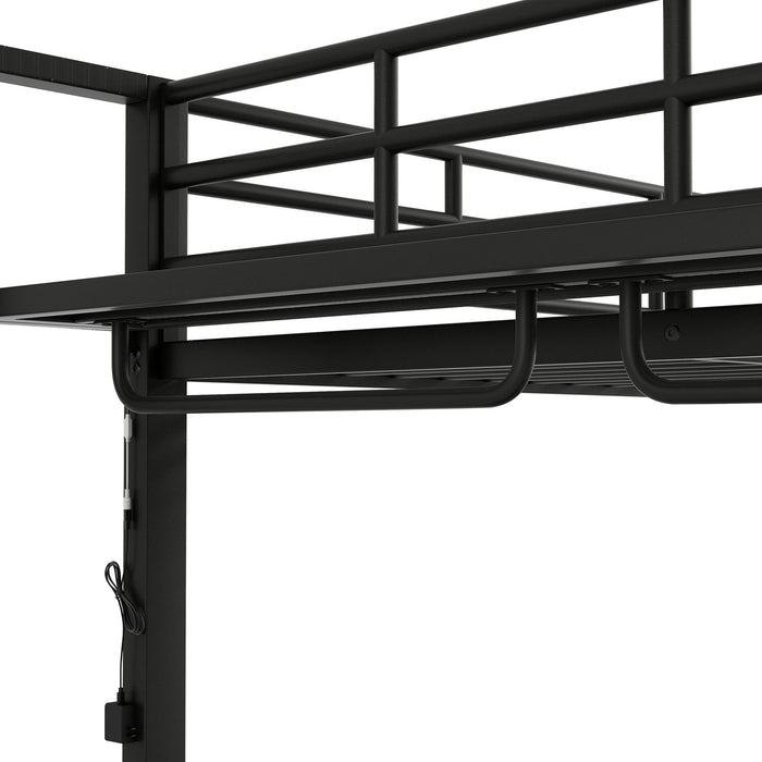 Bunk Bed With Storage Mesh Shelves, Clothes Hooks, LED Light