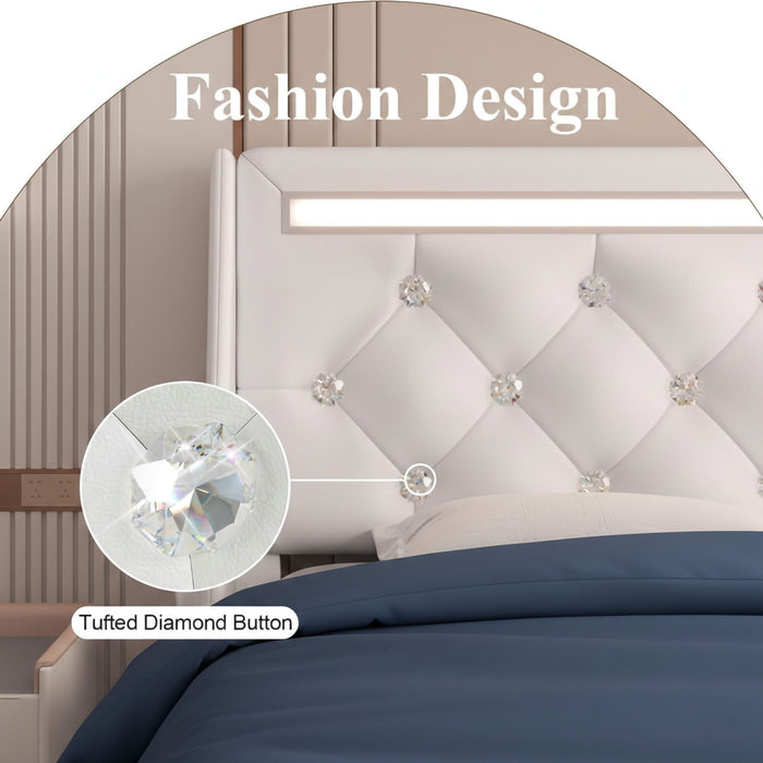 Wingback Upholstered Bed Frame With LED Lights, Charging Station