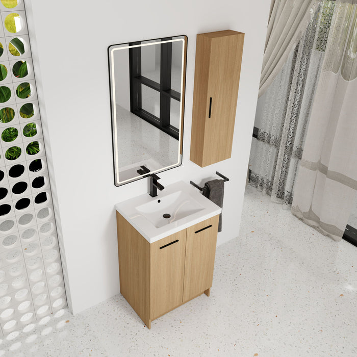 Freestanding Bathroom Vanity Set With Tall Linen Cabinet, Single Sink, Extra Storage, Soft Close Doors - Glossy White / Light Oak