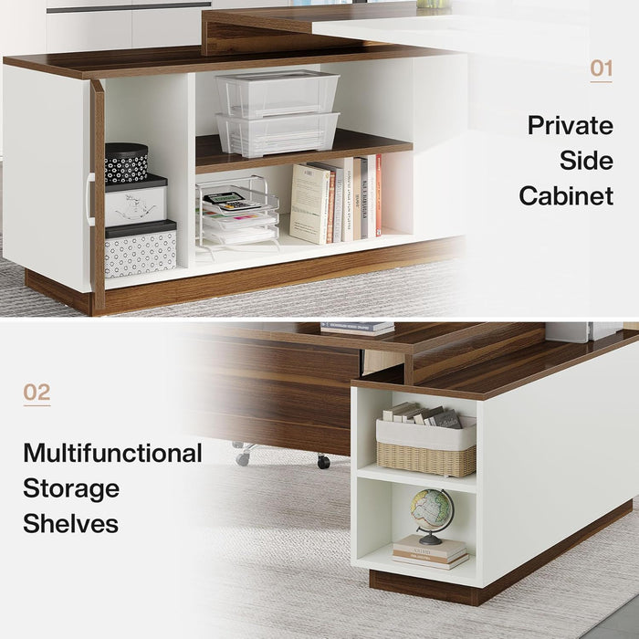 L-Shaped Executive Desk With Storage Cabinet And Shelves For Home Office - White / Walnut