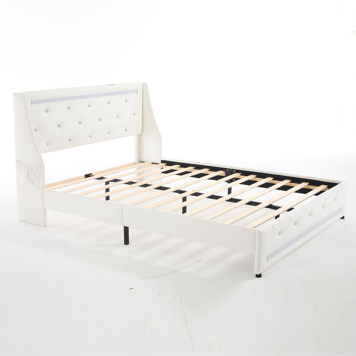 Wingback Upholstered Bed Frame With LED Lights, Charging Station