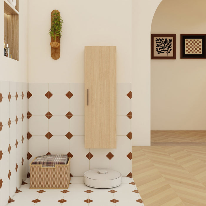 Tall Floating Bathroom Side Cabinet, Wall Mounted Single Door Storage - Light Oak
