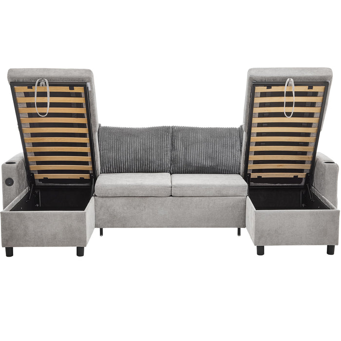 Sectional Sofa Bed With Pull Out Sleeper, USB Ports, Cup Holders