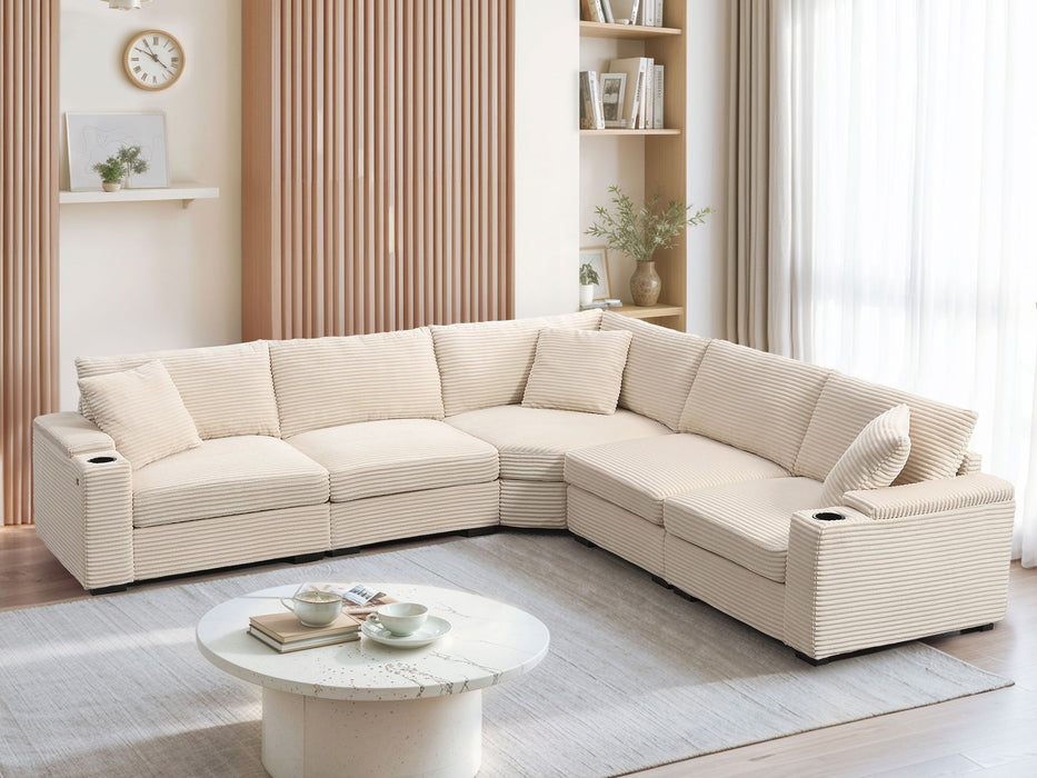 Convertible L Shaped Sectional Corner Couch With Armrest Storage Cup Holders USB Charger, Irregular Corner Oversized Comfy Modular Sofa