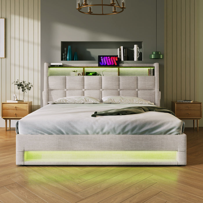 Platform Bed With Hydraulic Storage, LED Lighting & Charging Station