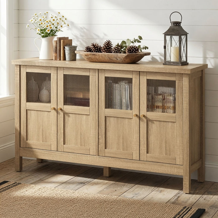 Buffet Cabinet With 4 Doors, Adjustable Shelves Handles - Natural