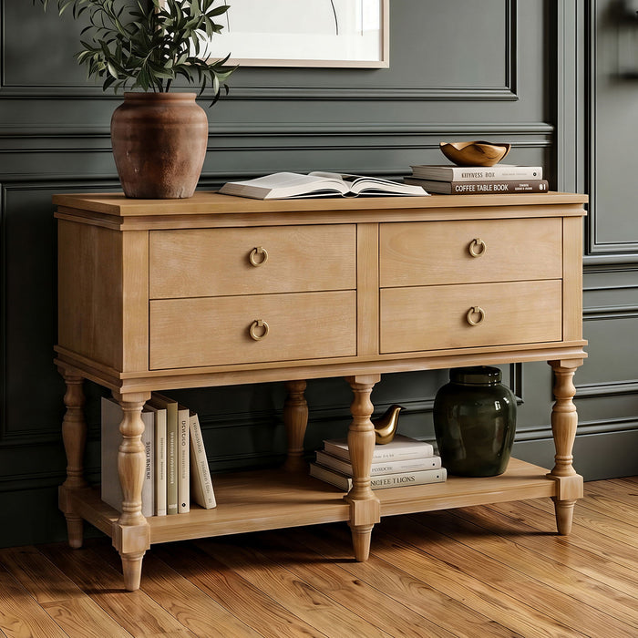 Console Table With 4 Soft Close Drawers, Thick Bottom Shelf For Living Room - Natural