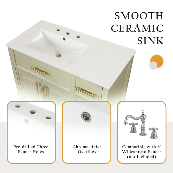36" Bathroom Vanity With Sink, 2 Doors, 3 Drawers, Rectangular - White