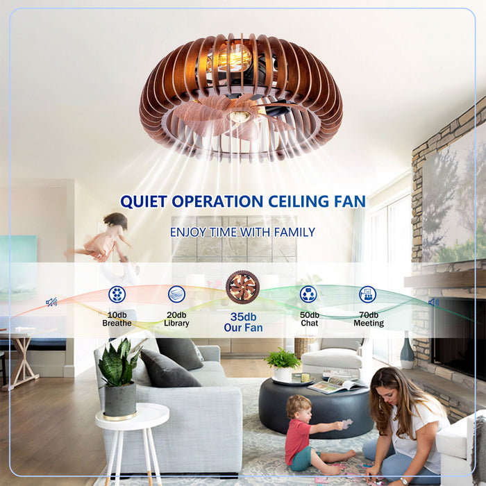 Semicircle Flush Mount Fan Light, (No Included Bulbs) And Remote Control, 6 Speeds, Quiet DC Motor For Living Room - Wood