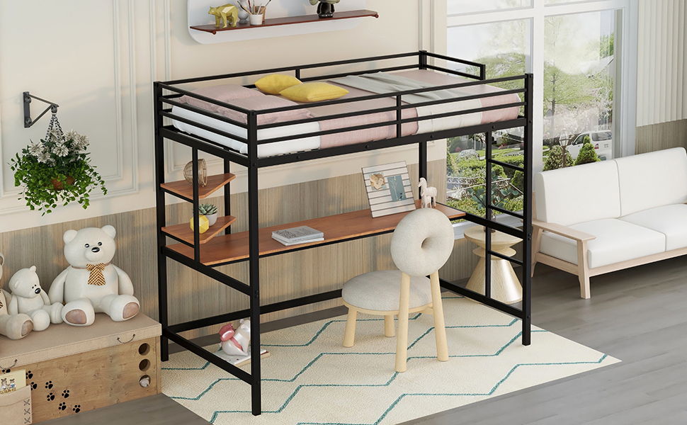 Twin Loft Bed With Desk And Shelve - Black