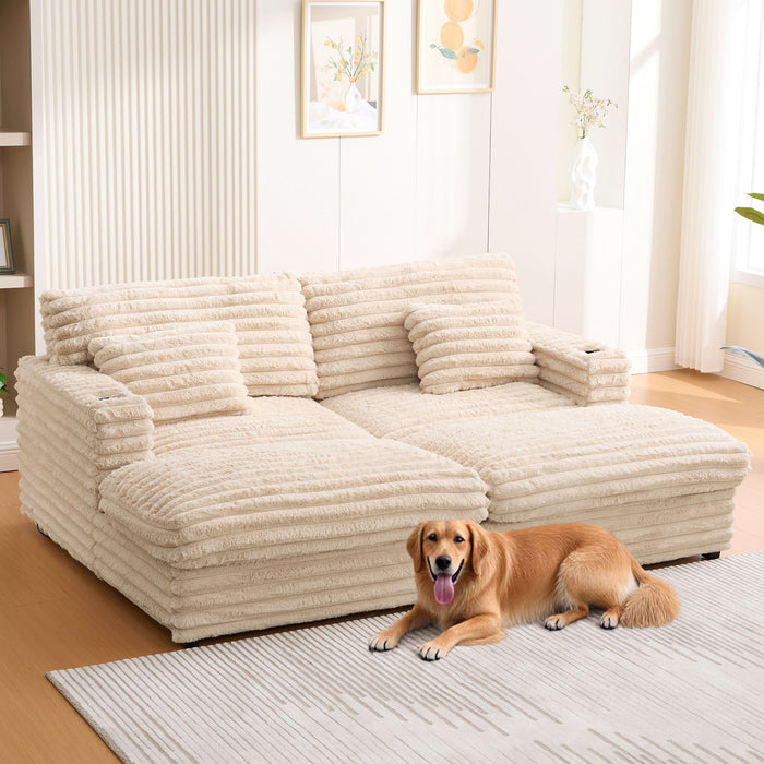Oversized Double Chaise Lounge Sofa With USB Ports And Cup Holders
