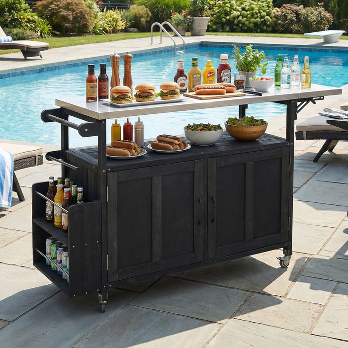 Foldable Outdoor Kitchen Island With Lockable Wheels, Storage Cabinet And Towel Rack For Patio