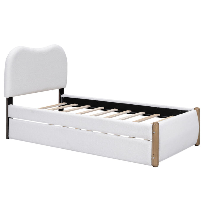 Upholstered Platform Bed With Wood Supporting Feet And Trundle