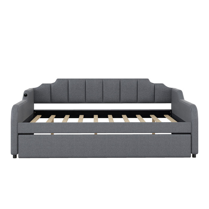 Full Size Upholstered Daybed With Trundle And USB Charging - Gray