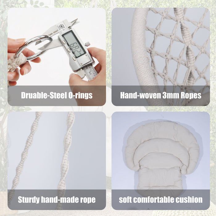 Macrame Hanging Hammock Chair With Cushion, Cotton Rope Swing For Indoor And Outdoor Use, 330 Lbs Capacity - Beige