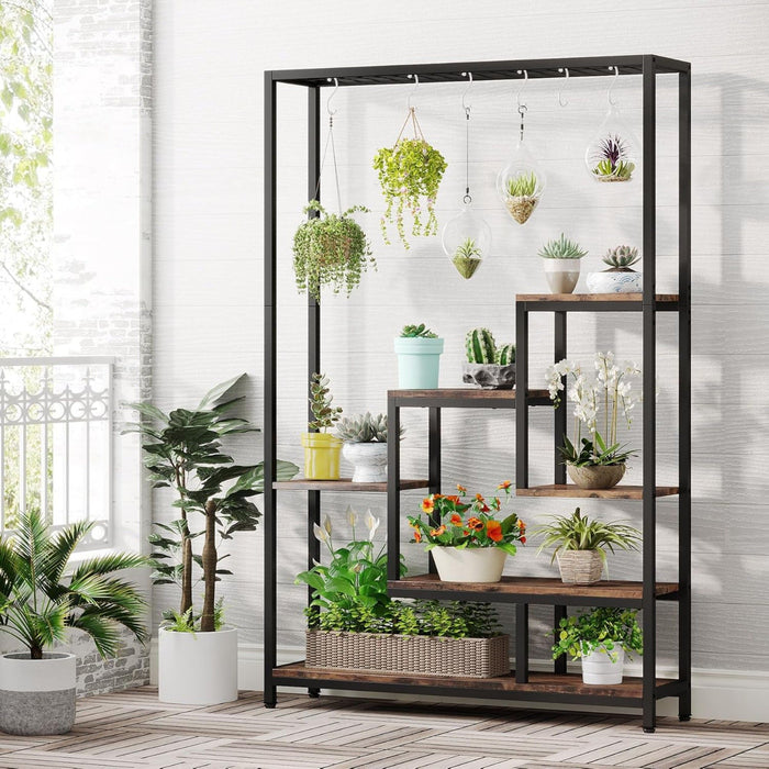 5 Tier Plant Stand With 6 Hooks For Living Room - Brown / Black