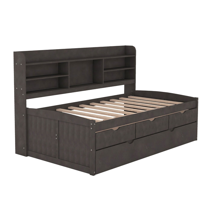 Captain Bed With Built In Bookshelves, 3 Storage Drawers, And Trundle