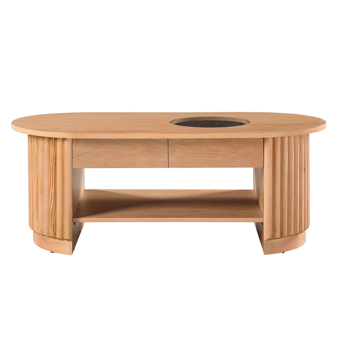 Fluted Oval Coffee Table With Drawers, 2 Tier Cocktail Table