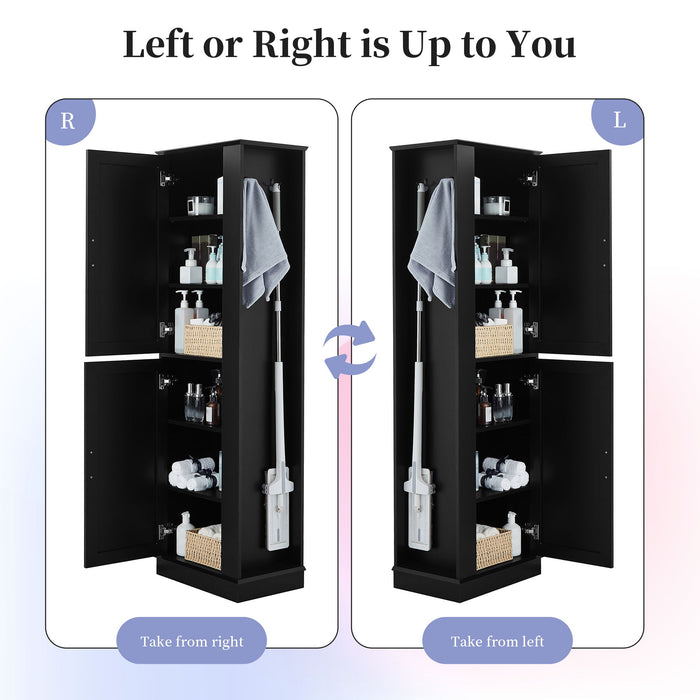 Tall Freestanding Bathroom Storage Cabinet With Adjustable Shelves And Side Hooks