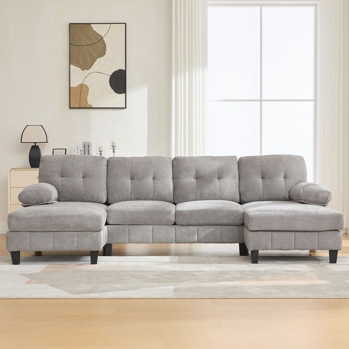 U-Shaped Sectional Sofa 103.5" Black Chenille Fabric Couch With Dual Chaise Lounges, Storage Pockets, Armrest Pillows