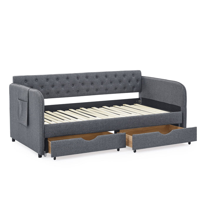 Daybed With Trundle And Storage Drawers, Flat Arms With Pocket