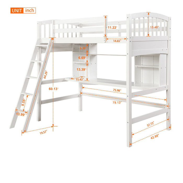 Loft Bed With Storage Shelves, Desk And Ladder