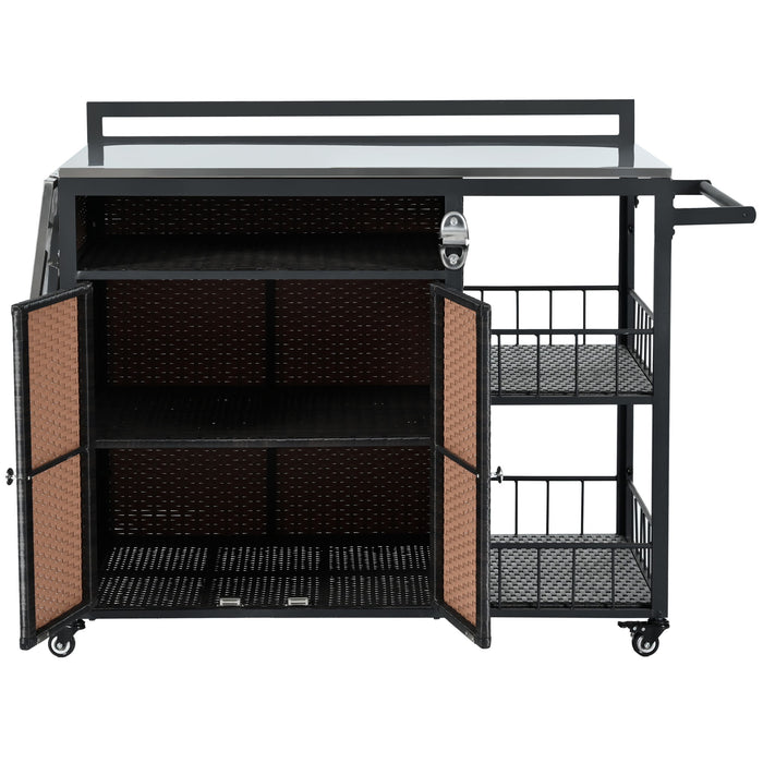 Outdoor Kitchen Island With Storage, Cooking Station, Grill Cart, Foldable Tabletop, And Bottle Opener - Dark Brown