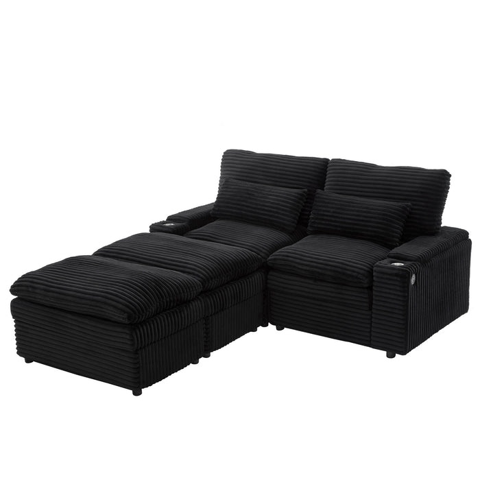 Convertible Loveseat Sofa With Storage, USB Ports, Cup Holders - Black