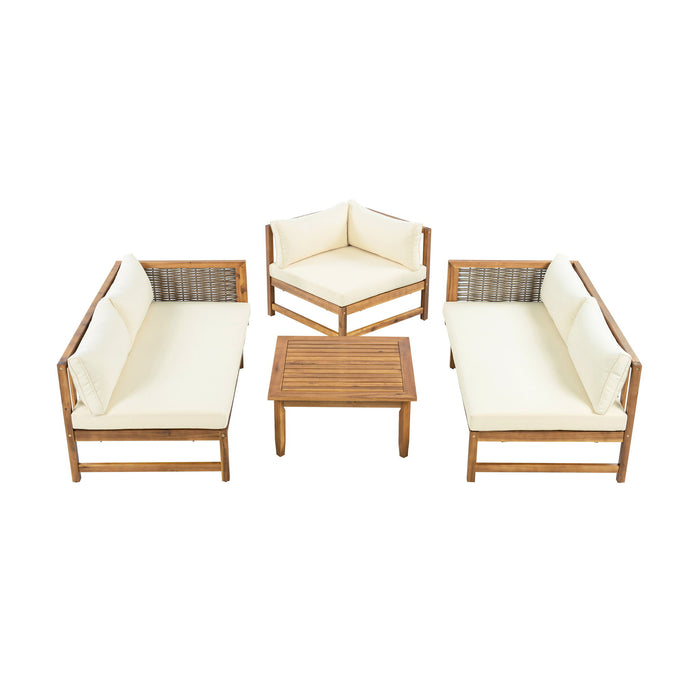 Premium Outdoor Sofa Set With Waterproof Cushions Sectional Seating Group With Acacia Wood And Wicker - Brown Mix / Beige