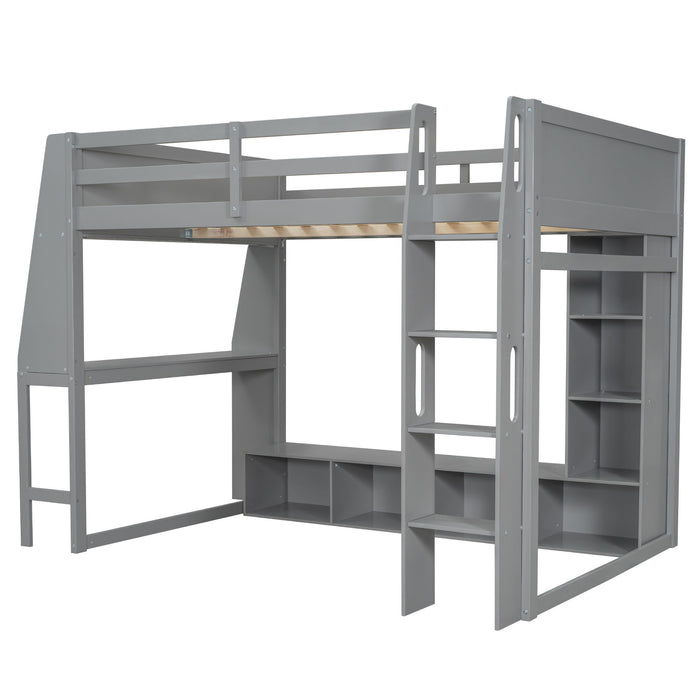 Full Size Gaming Loft Bed With Desk, Multi Storage Shelves, LED Lighting, And Hanging Clothes Rack - Gray