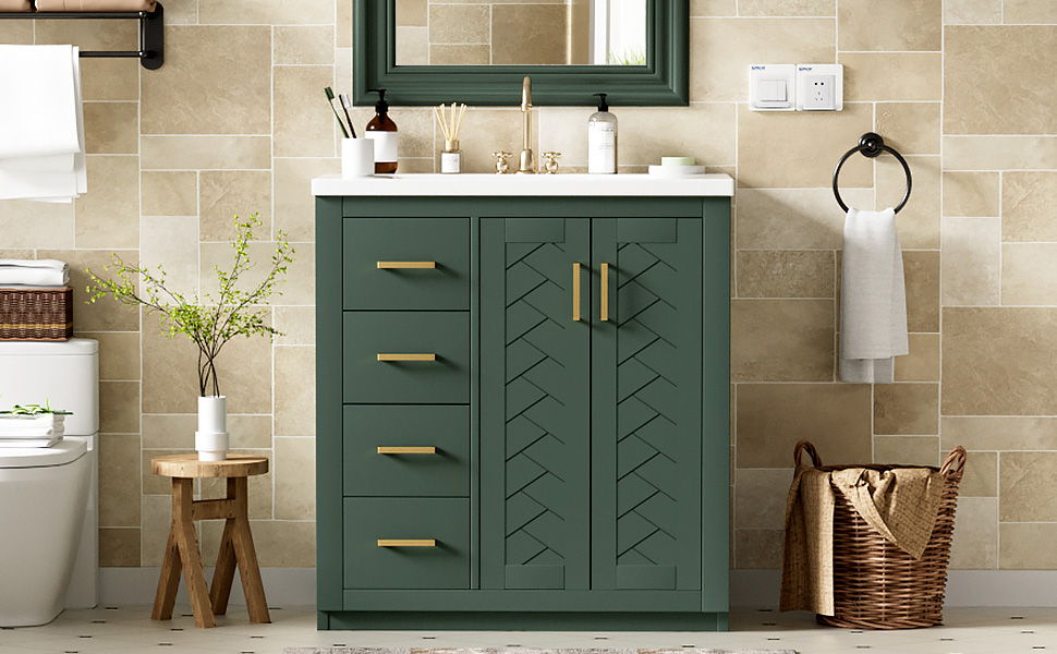 Ceramic Sink Combo, Freestanding Vanity Set With 3 Drawers & Soft Closing Doors