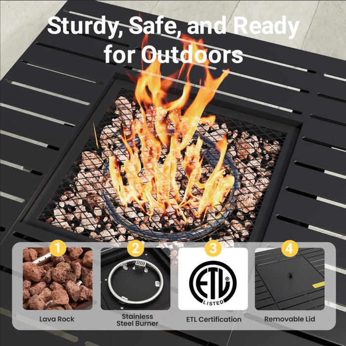 Outdoor 2 In 1 Propane Fire Pit Table With Dual Burners, Lava Rocks And Waterproof Cover - Black