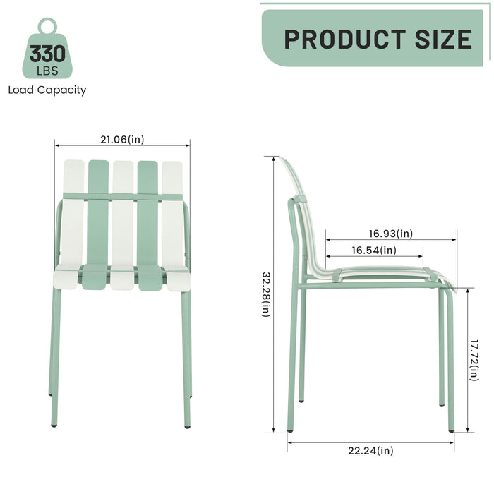 4 Piece Set Of Striped Color Blocking Single Chairs With Long Table - Cream White / Haze Green / White