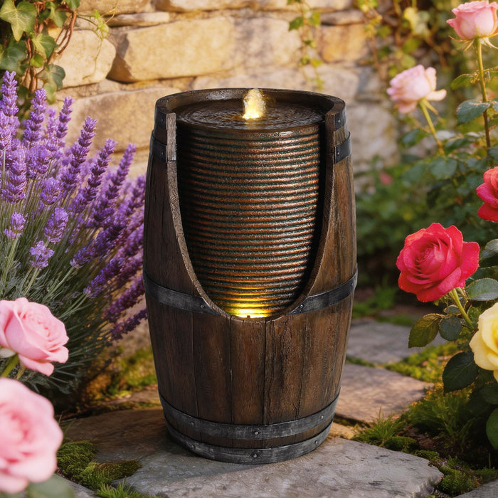 Rustic Barrel Water Fountain With LED Light