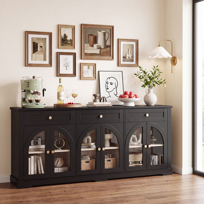 Sideboard Cabinet With 3 Drawers And 6 Arched Doors, Accent Storage Cabinet With Adjustable Shelves For Dining Room - Black