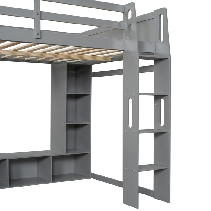 Full Size Gaming Loft Bed With Desk, Multi Storage Shelves, LED Lighting, And Hanging Clothes Rack - Gray