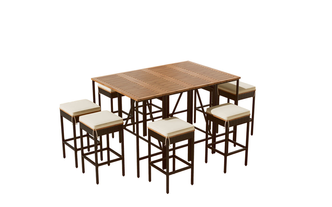 Outdoor Acacia Wood Bar Height Table And Eight Stools With Cushions