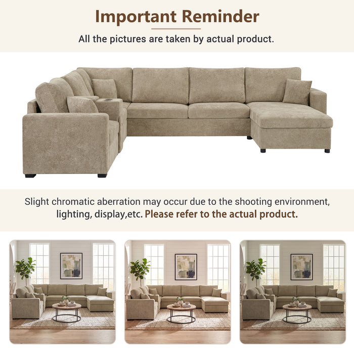 Modular 5 Seat U-Shape Sectional Sofa With Chaise Lounge, Built In Cup Holders And Storage Drawer
