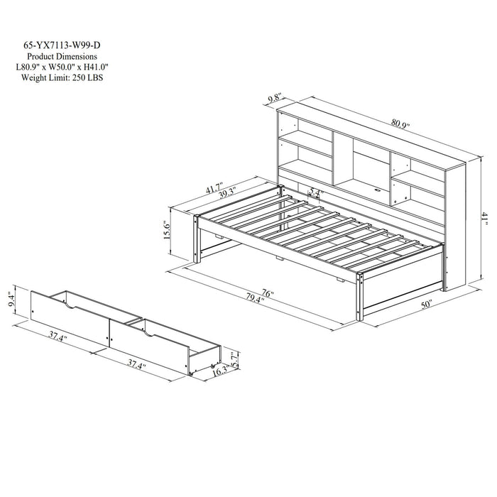 Bed Frame With Side Bookshelves, 2 Drawers, And Built In USB Port