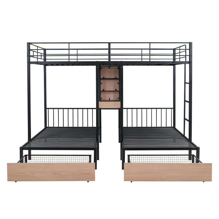 Triple Bunk Bed With Drawers, Multi-Functional Frame With Desks And Shelves In The Middle