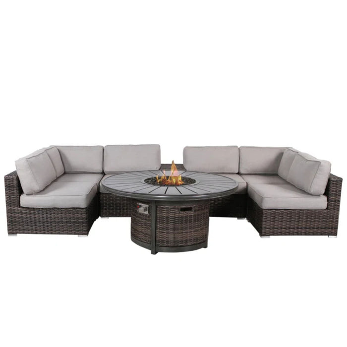 Rattan Patio Set With Comfortable Cushions And Fire Pit