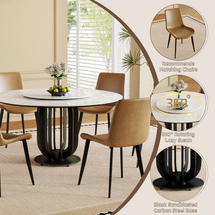 Round Dining Table With Carbon Steel Base And Lazy Susan / For Kitchen And Dining Room, 4 Chairs - Black / White
