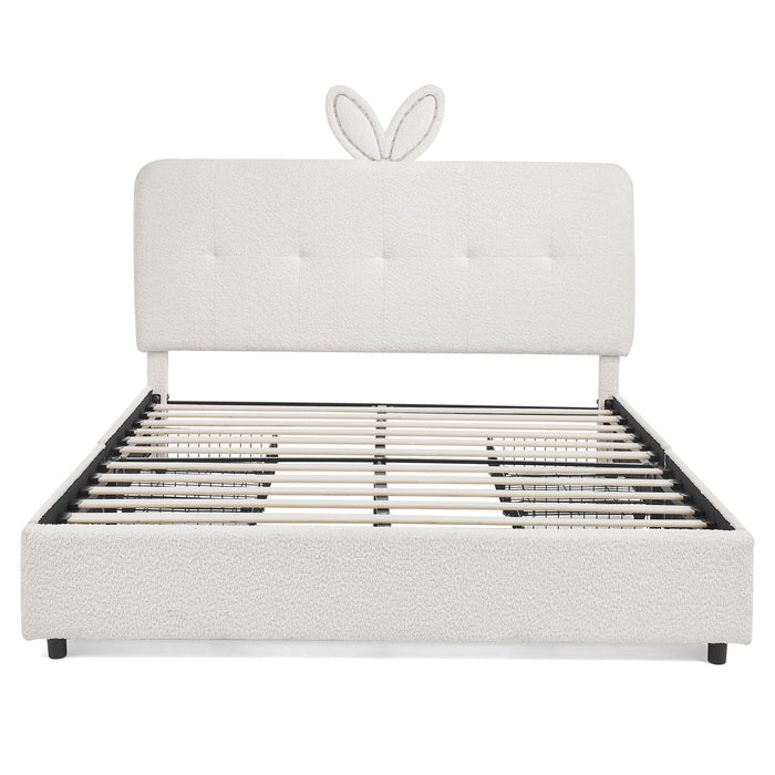 Upholstered Bed With Oversized Rabbit Ear Headboard, LED Lights & 4 Storage Drawers