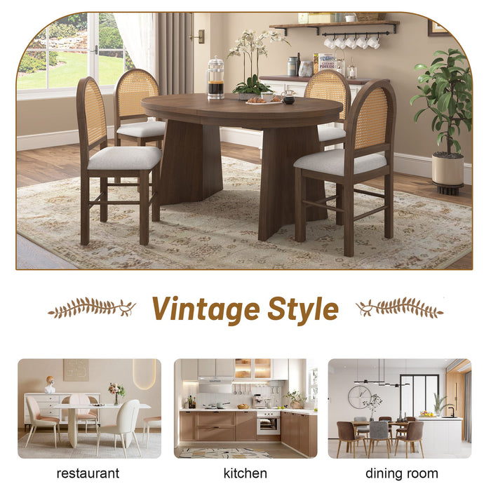 Extendable Round Dining Table Set For 4 With 4 Upholstered Chairs - Beige / Walnut