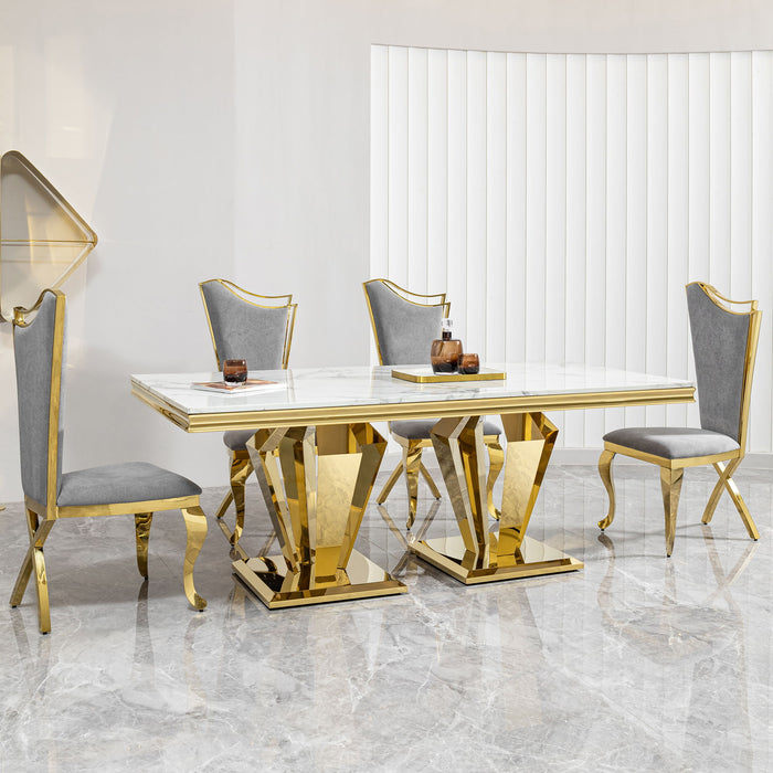 79.53 In. Elegant Marble Pattern Dining Table For 6 Or 8 Seats Polished Stainless Steel Base - Gold
