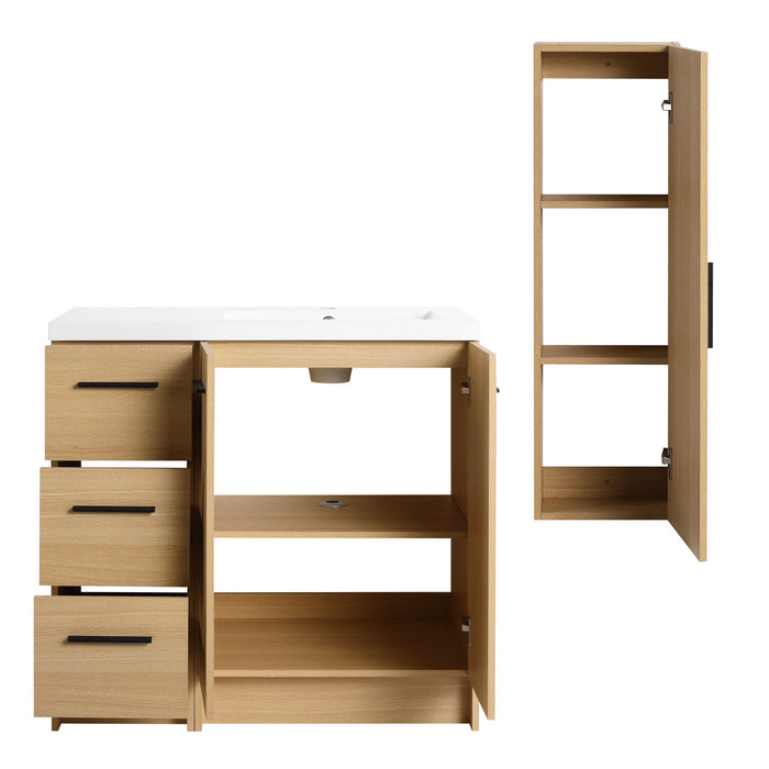 Freestanding Bathroom Vanity Set With Tall Linen Cabinet, 3 Drawers And Large Storage, Single Sink